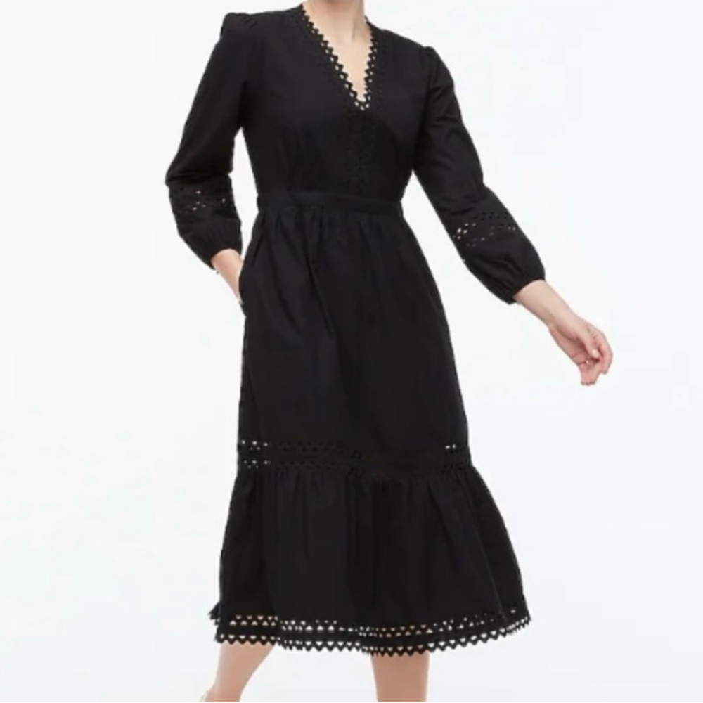 J Crew Eyelet Trim Long Sleeve Tiered Midi Dress